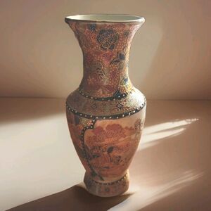 Vintage Japanese Satsuma Moriage Style Embossed Handpainted Multicolor Vase 6"